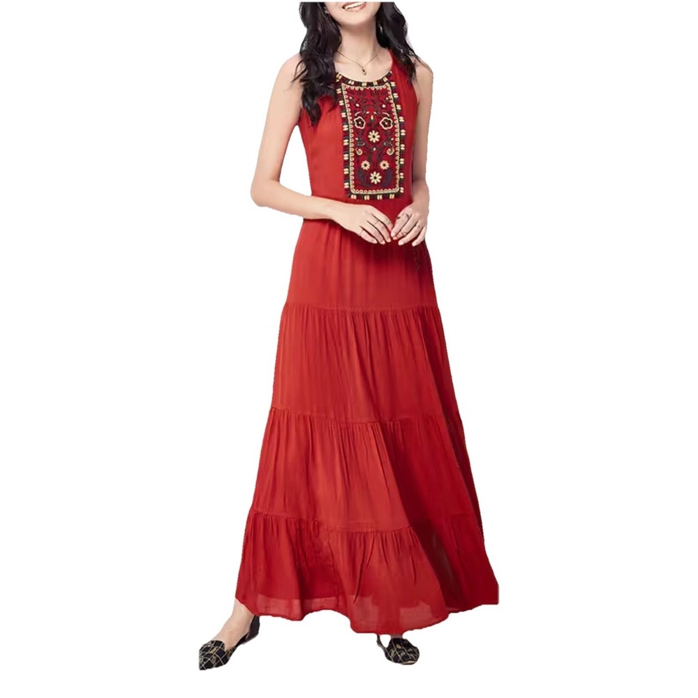 Global Desi Rust Embroidered Maxi Dress Wm's L Boho Crinkle Sleeveless‎ Festival